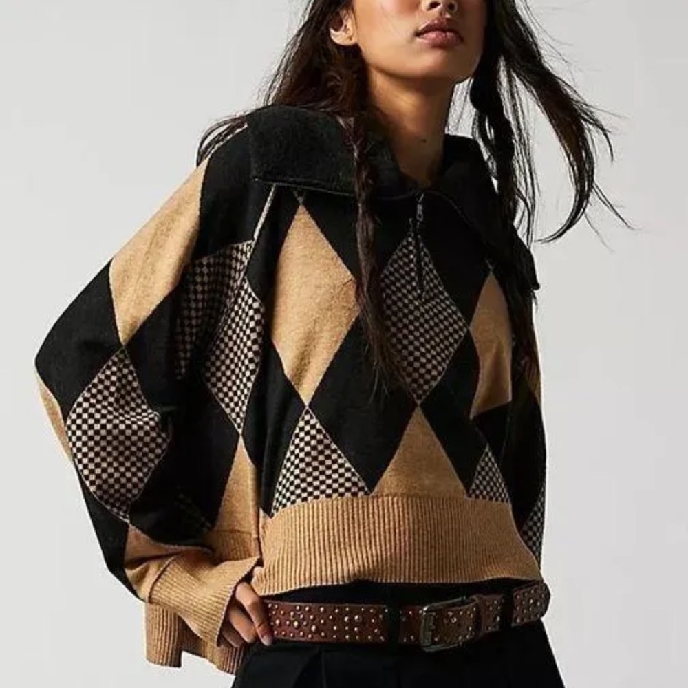 Free People Black and Tan Cowl Neck Sweater